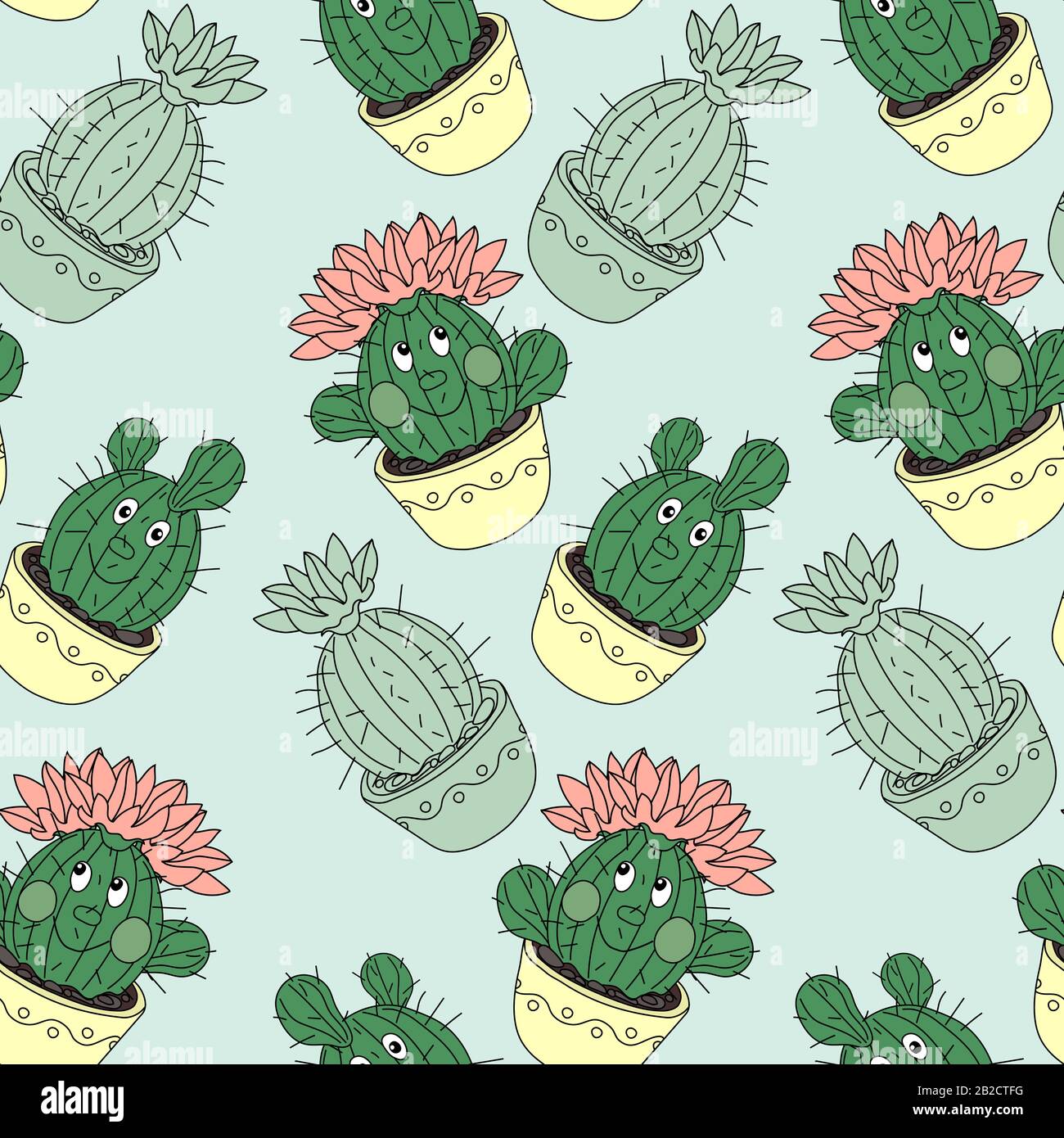 Seamless pattern with cactus and succulents in the pots. Hand drawn ...