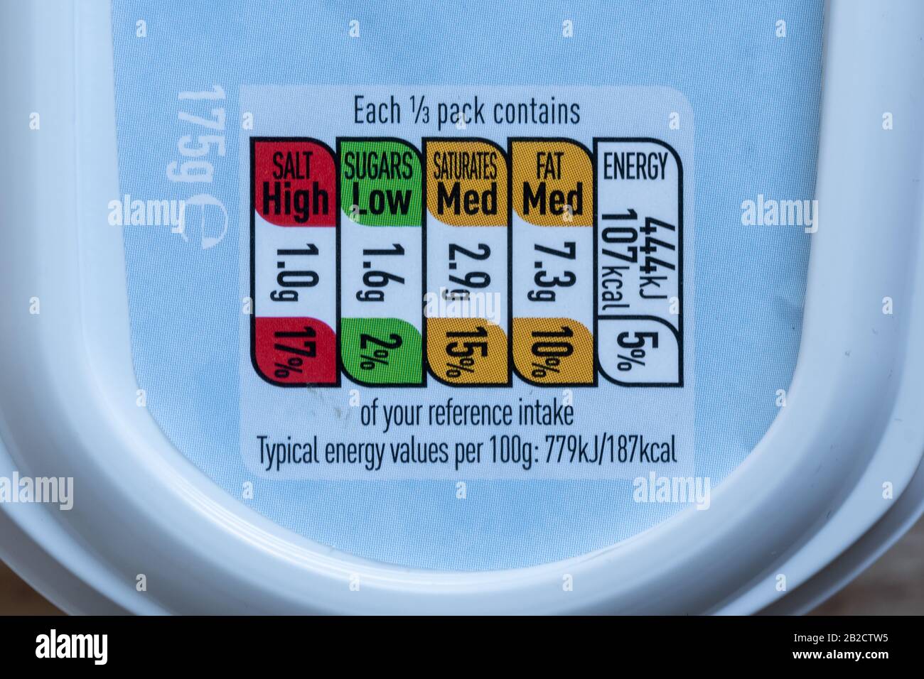 Traffic light labelling system or label on pre-packaged food showing nutritional information Stock Photo
