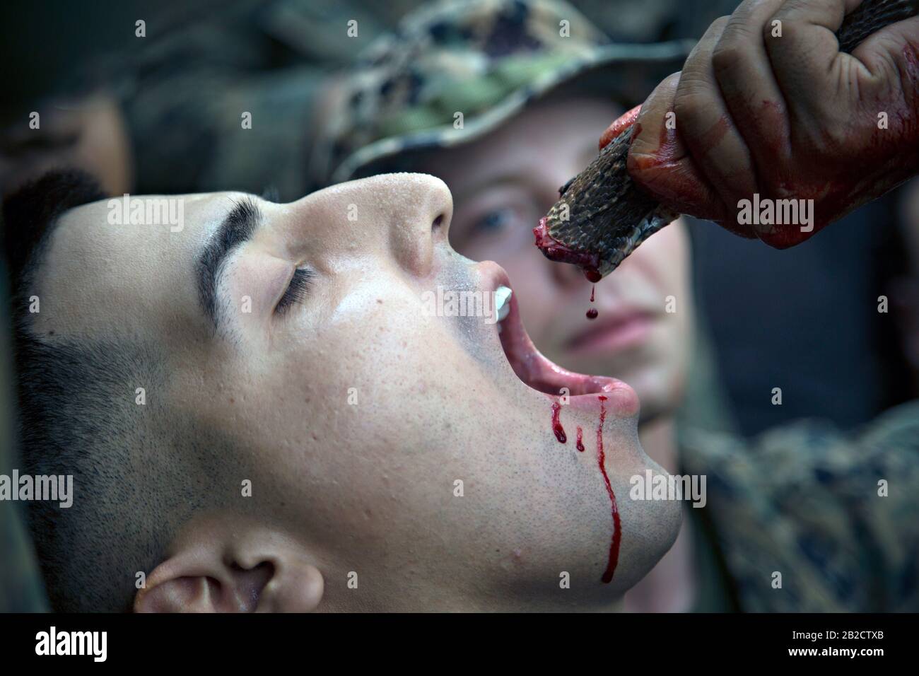 Ban Chan Khrem, Thailand. 02nd Mar, 2020. U.S. Marines drink the blood of a king cobra as part of jungle survival training during exercise Cobra Gold 2020 March 2, 2020 in Ban Chan Khrem, Chanthaburi, Thailand. The Marines learned essential skills necessary for surviving in a jungle environment, such as making a fire, eating plants and alternative ways to stay hydrated. Credit: Jordan E. Gilbert/Planetpix/Alamy Live News Credit: Planetpix/Alamy Live News Stock Photo