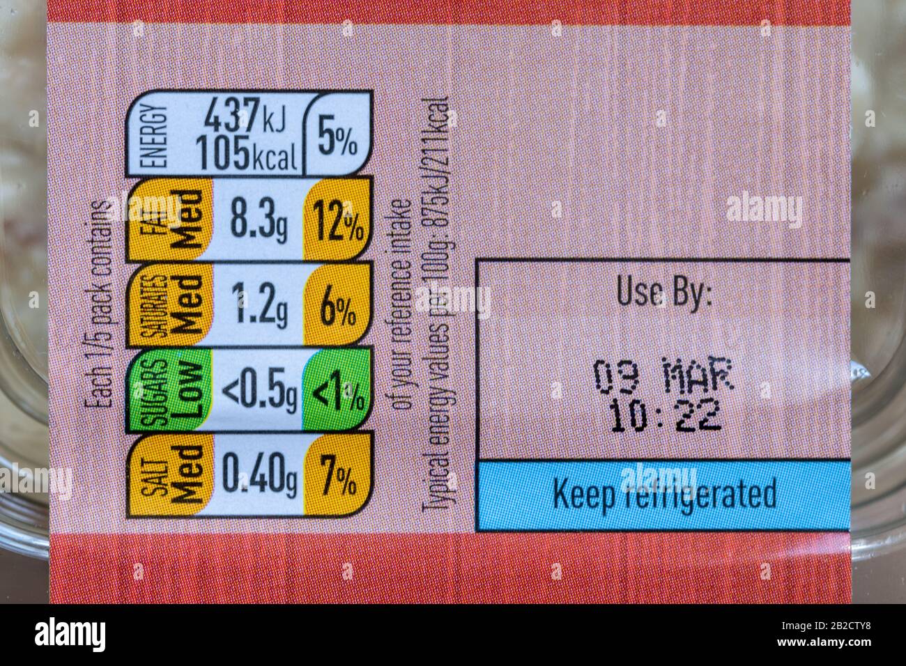 Traffic light labelling system or label on pre-packaged food showing nutritional information Stock Photo