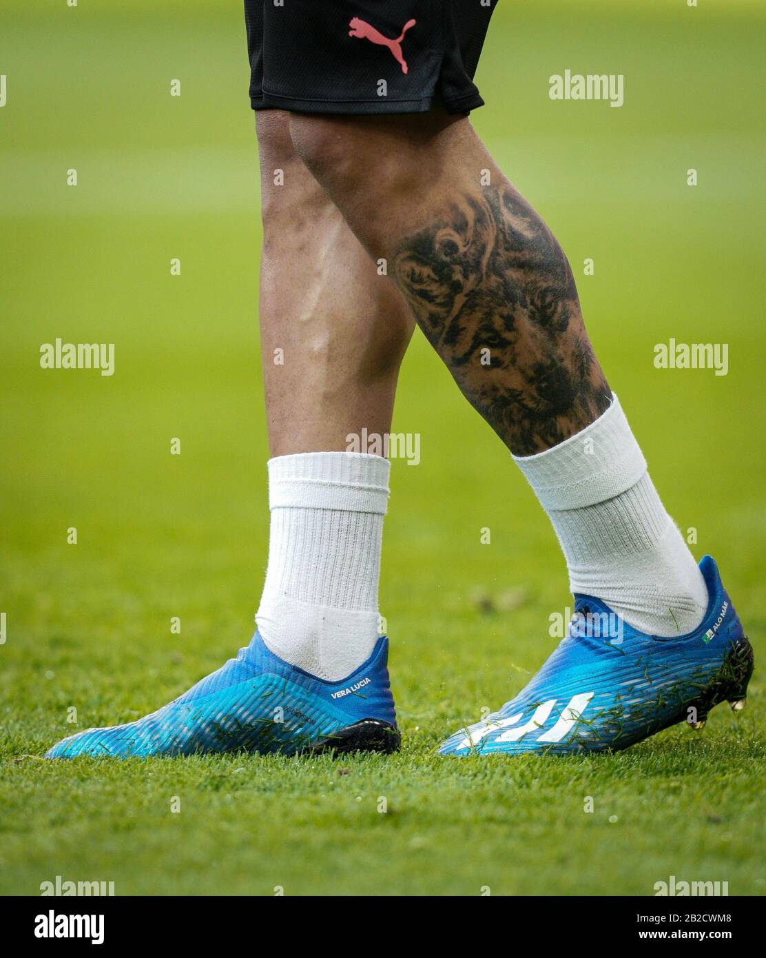 London, UK. 01st Mar, 2020. The leg tattoo & Adidas X football boots of  Gabriel Jesus of Man City during the Carabao Cup Final match between Aston  Villa and Manchester City at