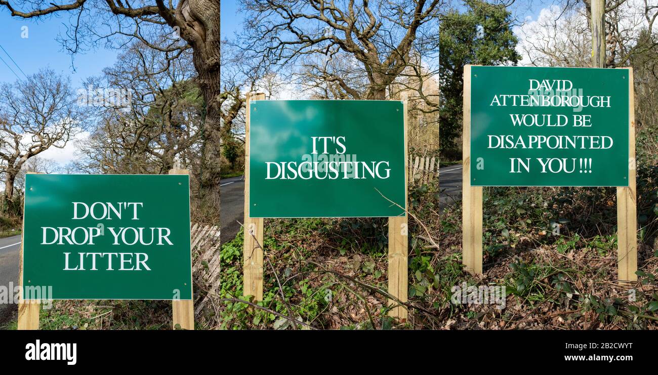 Three roadside signs saying Don't drop your litter, It's disgusting, David Attenborough would be disappointed in you, in the countryside, UK Stock Photo