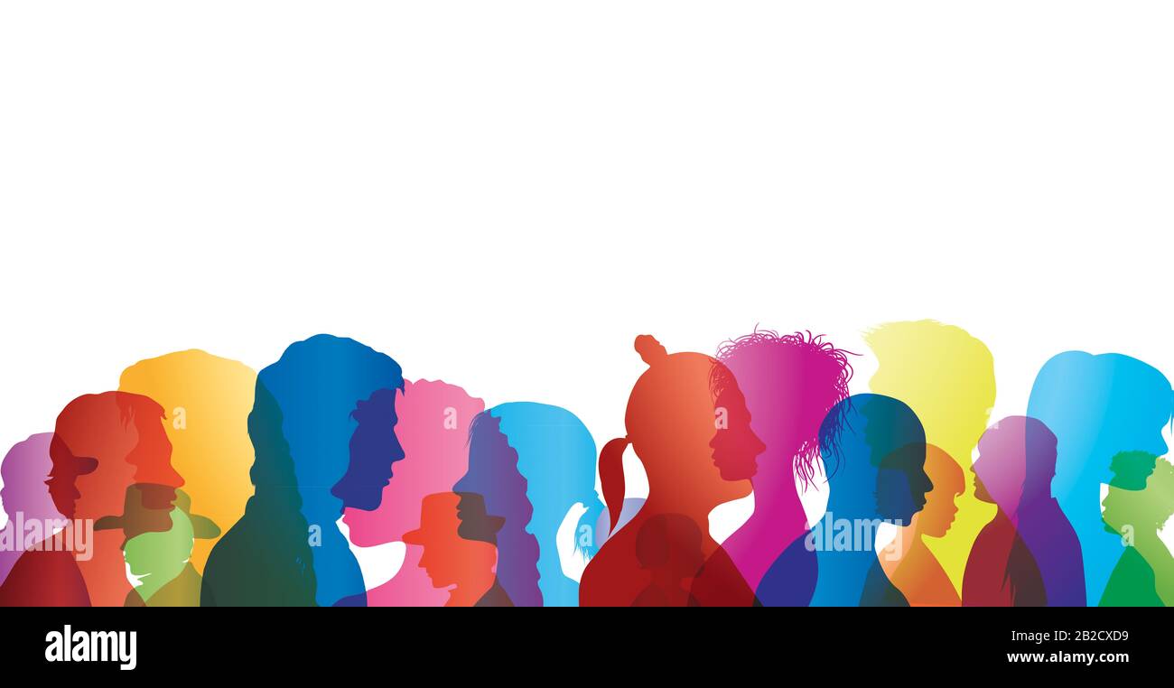 Talking crowd.Dialogue group diverse people.Colored silhouette profiles.Multiethnic people talking.Communicate.Sharing idea.Multicultural.Inform.Speak Stock Photo
