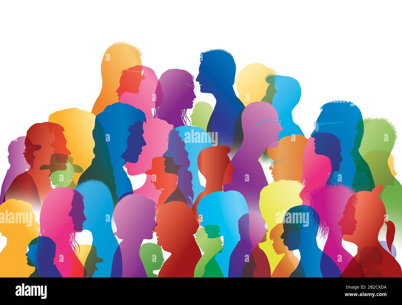 Talking crowd.Dialogue group diverse people.Multiethnic people talking.Colored silhouette profiles.Communication.Sharing idea.Diversity.Culture.Speak Stock Photo