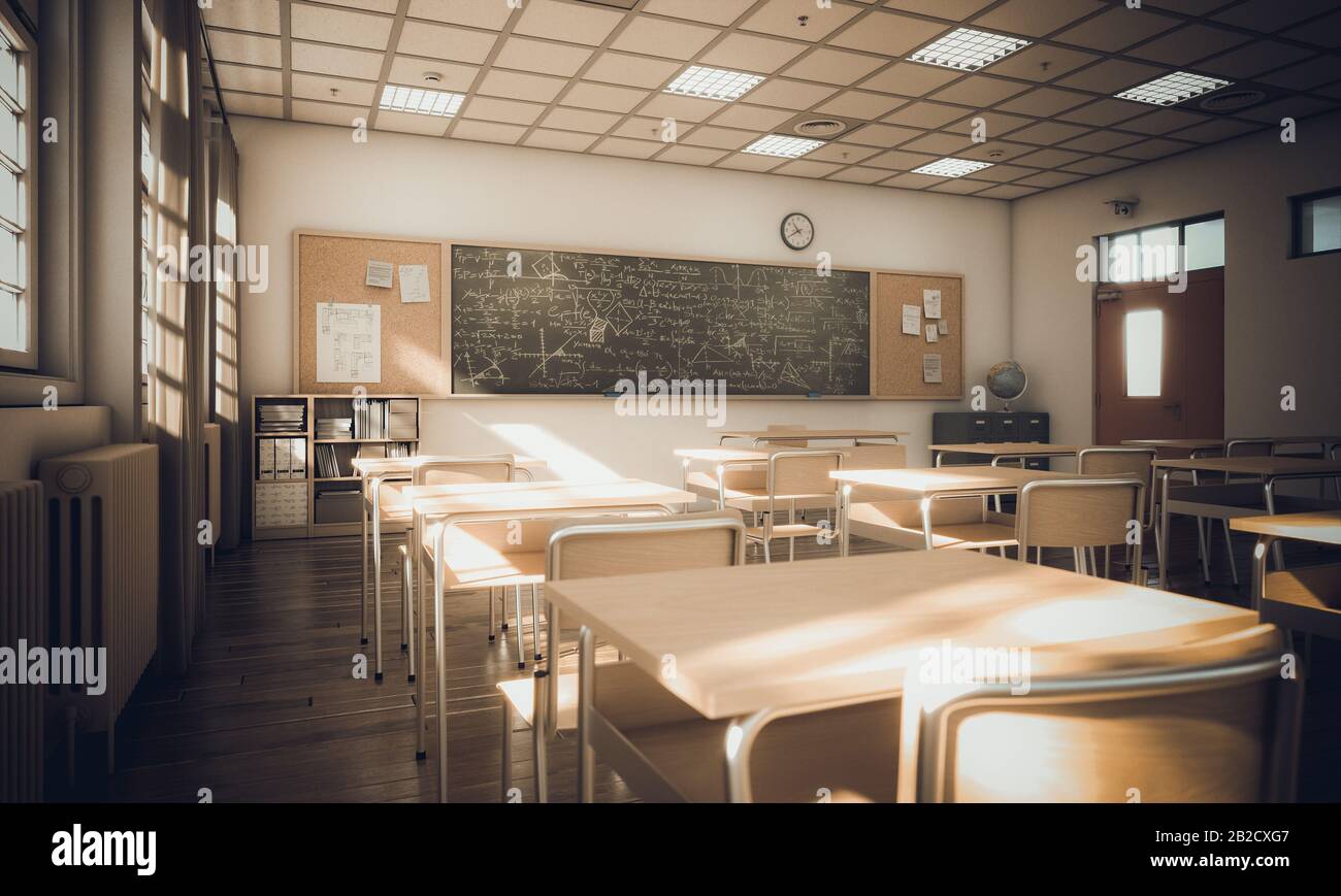 interior of a secondary school class, light from windows and cinematic atmosphere. education and study concept. 3d render. nobody around. Stock Photo