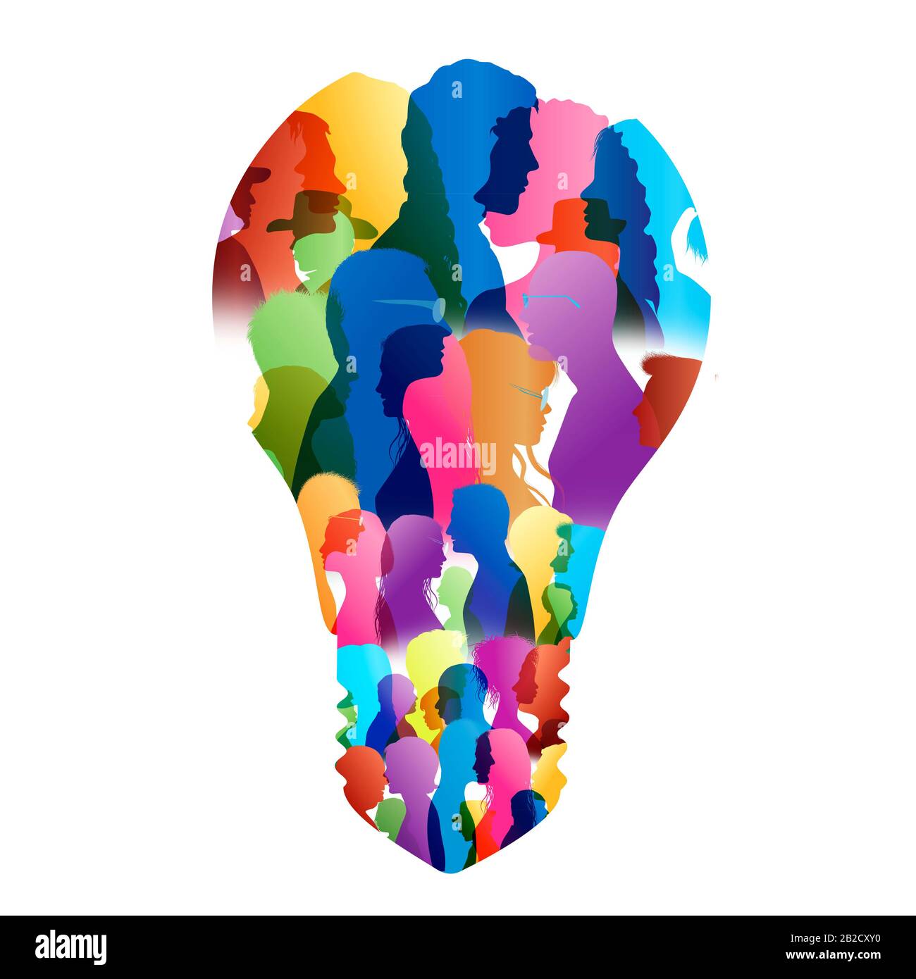 Talking crowd.Multiethnic people forming a light bulb.Dialogue group of diverse people.Colored silhouette profiles.People talking.Sharing idea.Speak Stock Photo