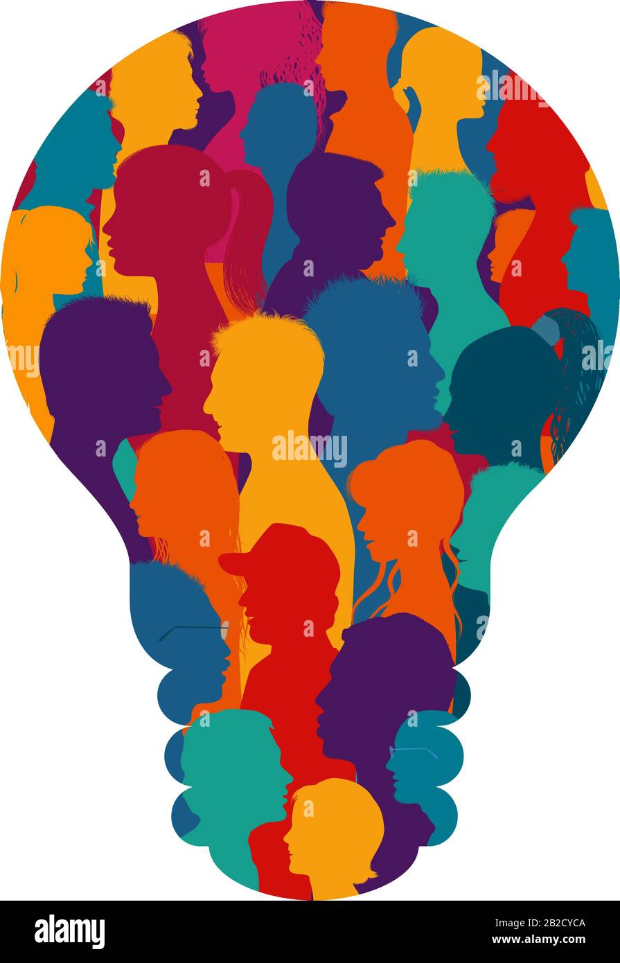 Multiethnic group of many people forming a light bulb.Sharing ideas thoughts and information.Communication and connection.Social network.Population Stock Vector
