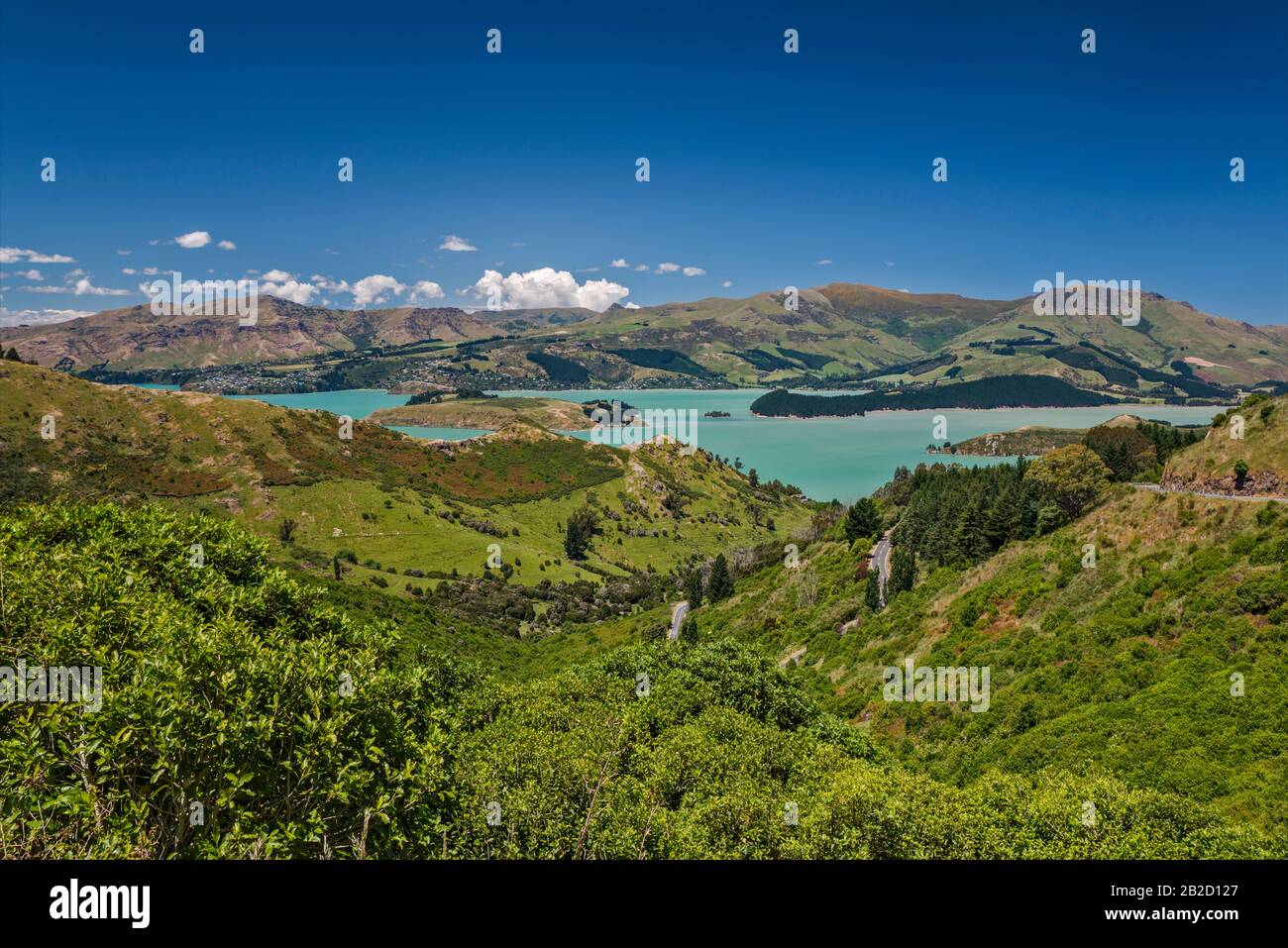 Lyttleton Harbour, view from Summit Road, near Christchurch, South Island, New Zealand Stock Photo