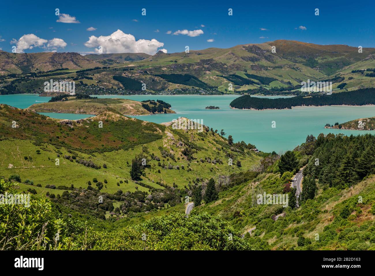 Lyttleton Harbour, view from Summit Road, near Christchurch, South Island, New Zealand Stock Photo