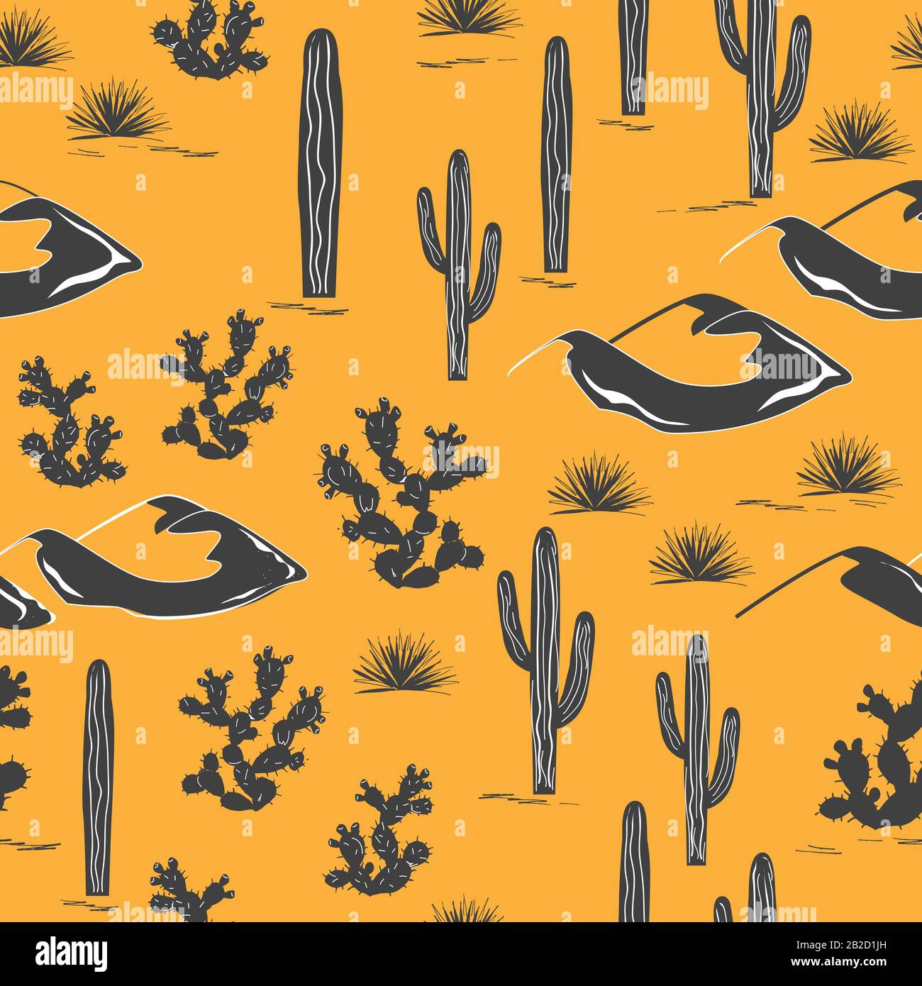 Seamless pattern with desert landscape and cacti silhouettes. Vector background Stock Vector