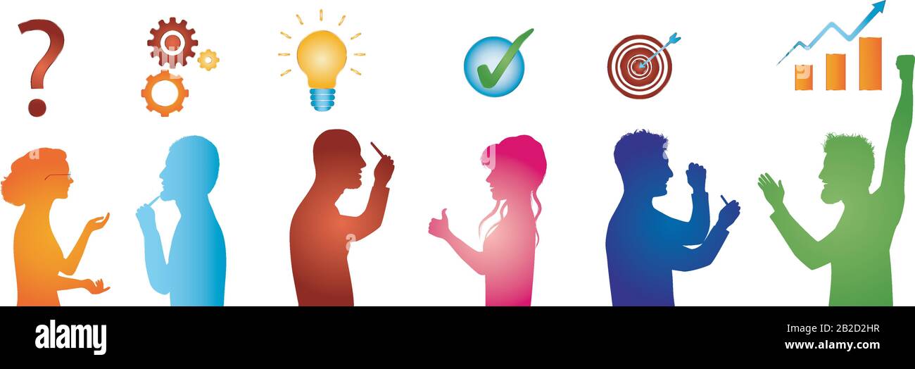 Concept problem solving team. Business solution. Analysis and finding a solution to the problems. Strategy and success. Client service. Silhouette Stock Vector