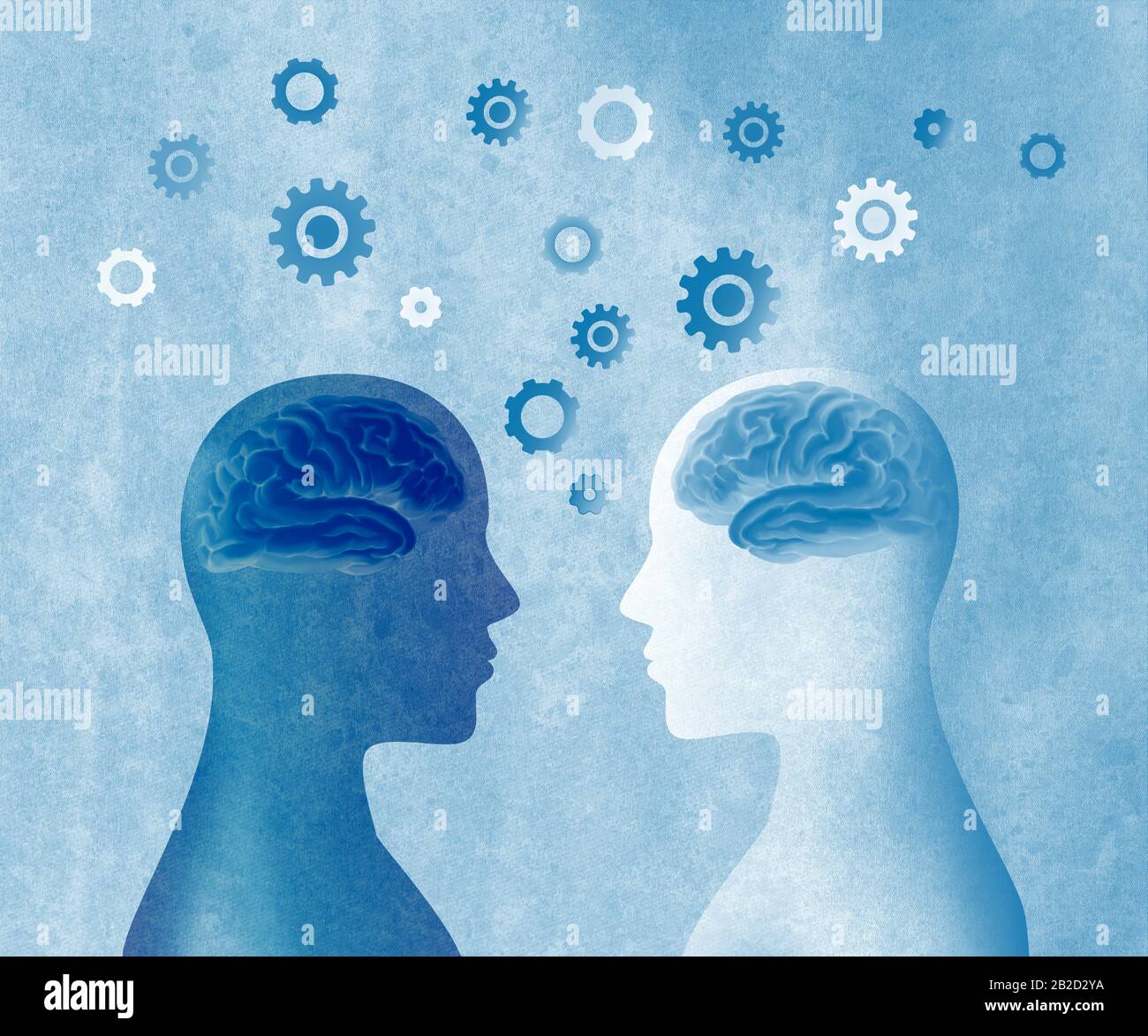 2 human heads in silhouette profile with brain and gears. Group therapy. Neuroscience or neurology seminar. Neurological assistance and therapy. Stock Photo