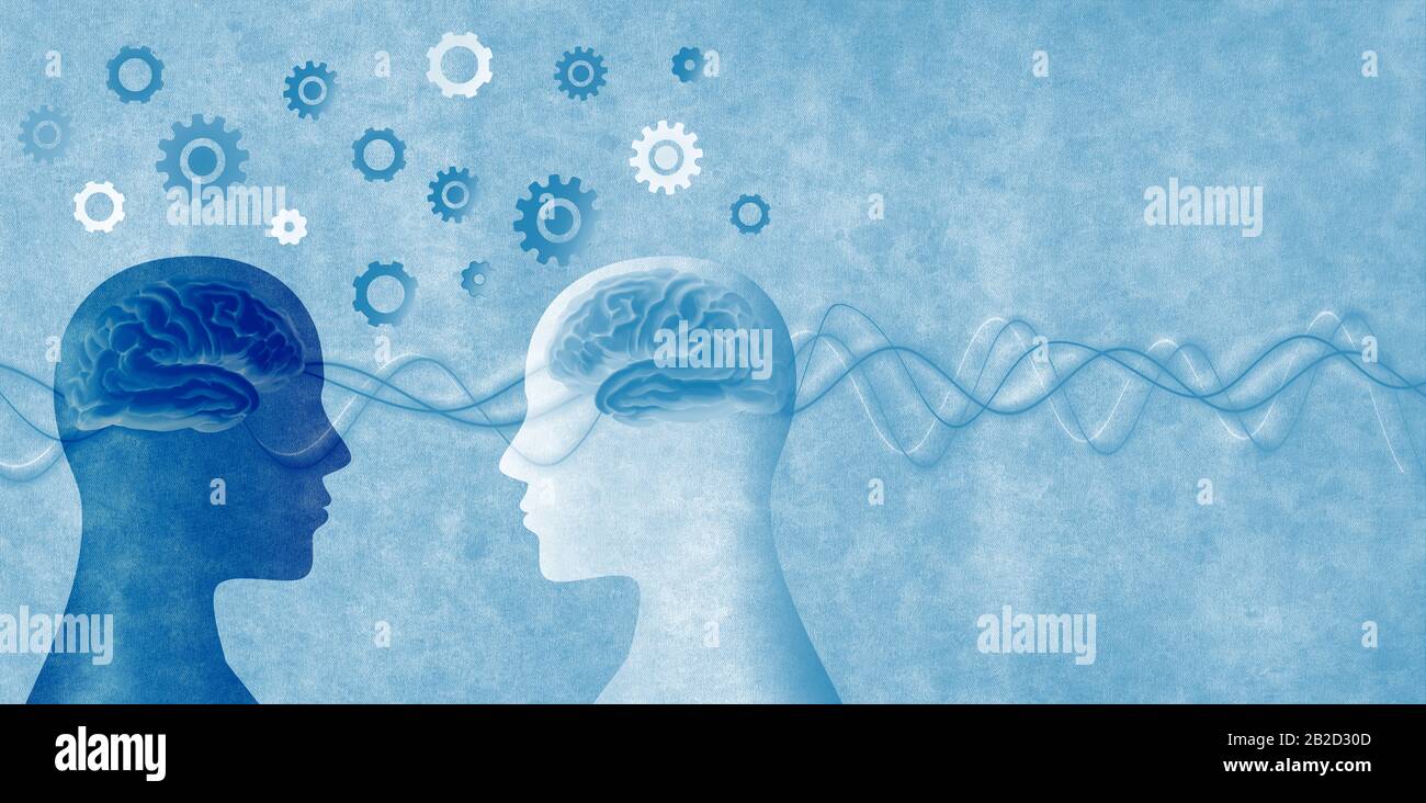 Group therapy.Neuroscience or neurology seminar. 2 human heads in silhouette profile with brain and gears. Neurological assistance and therapy.Trainer Stock Photo