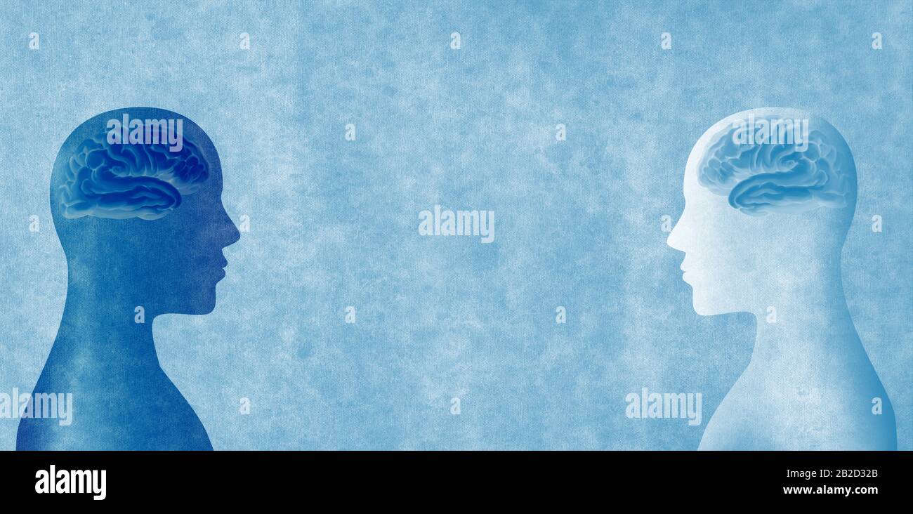 Human profile heads with brains. Cognition and education therapy. Memory loss. Neurology problems -psychology-psychiatry.Alzheimer.Forget the memories Stock Photo