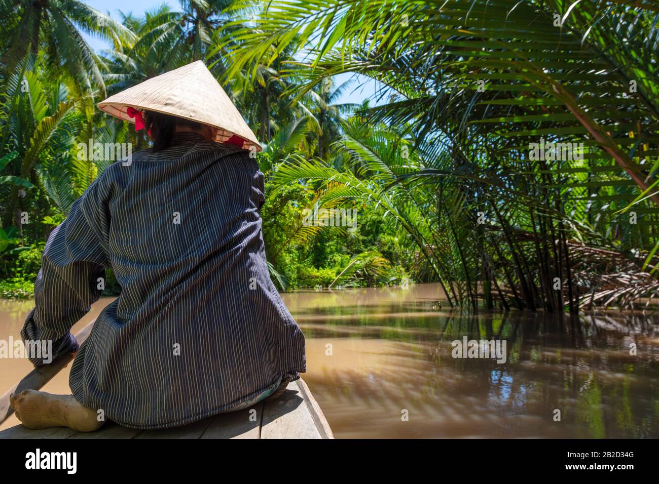 Rear view of anonymous local woman wearing traditional leaf hat paddling a canoe on the Mekong Delta, Vietnam, South East Asia Stock Photo