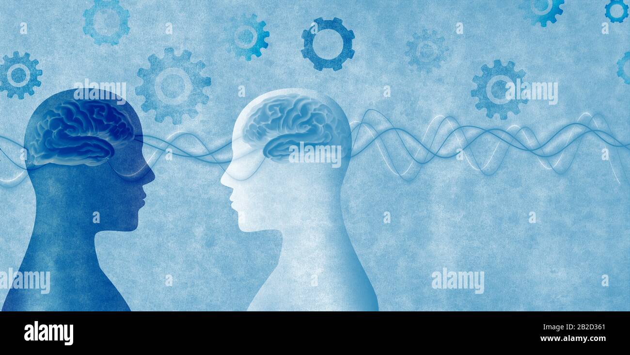 Neuroscience. Solution concept with cog. Human heads silhouette in profile with brain. Thought with gear. Cognition and education. People who learn. Stock Photo