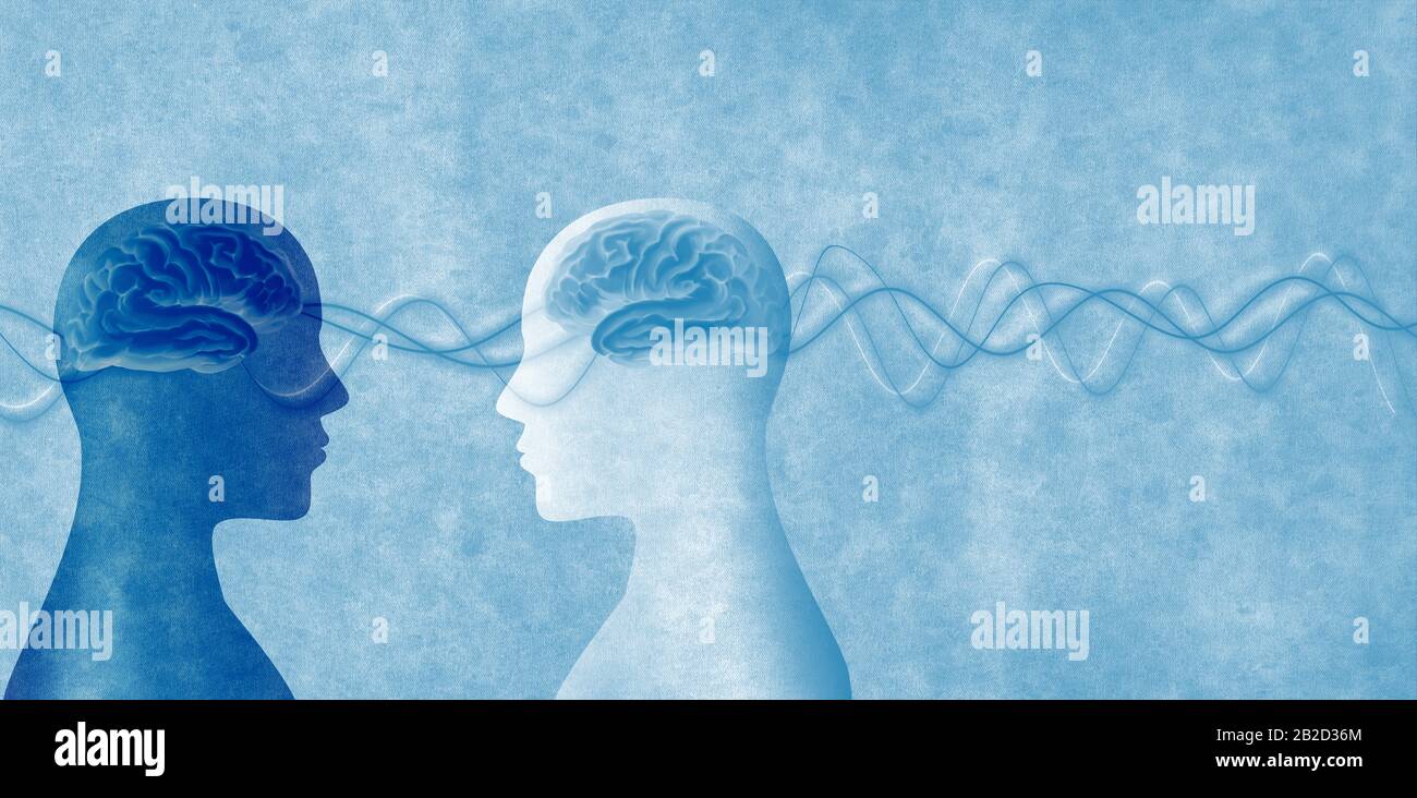 Training of people.Neuroscience development.Intelligence - cognition and education.2 Human heads in silhouette profile.Concept of memory.Neurology Stock Photo