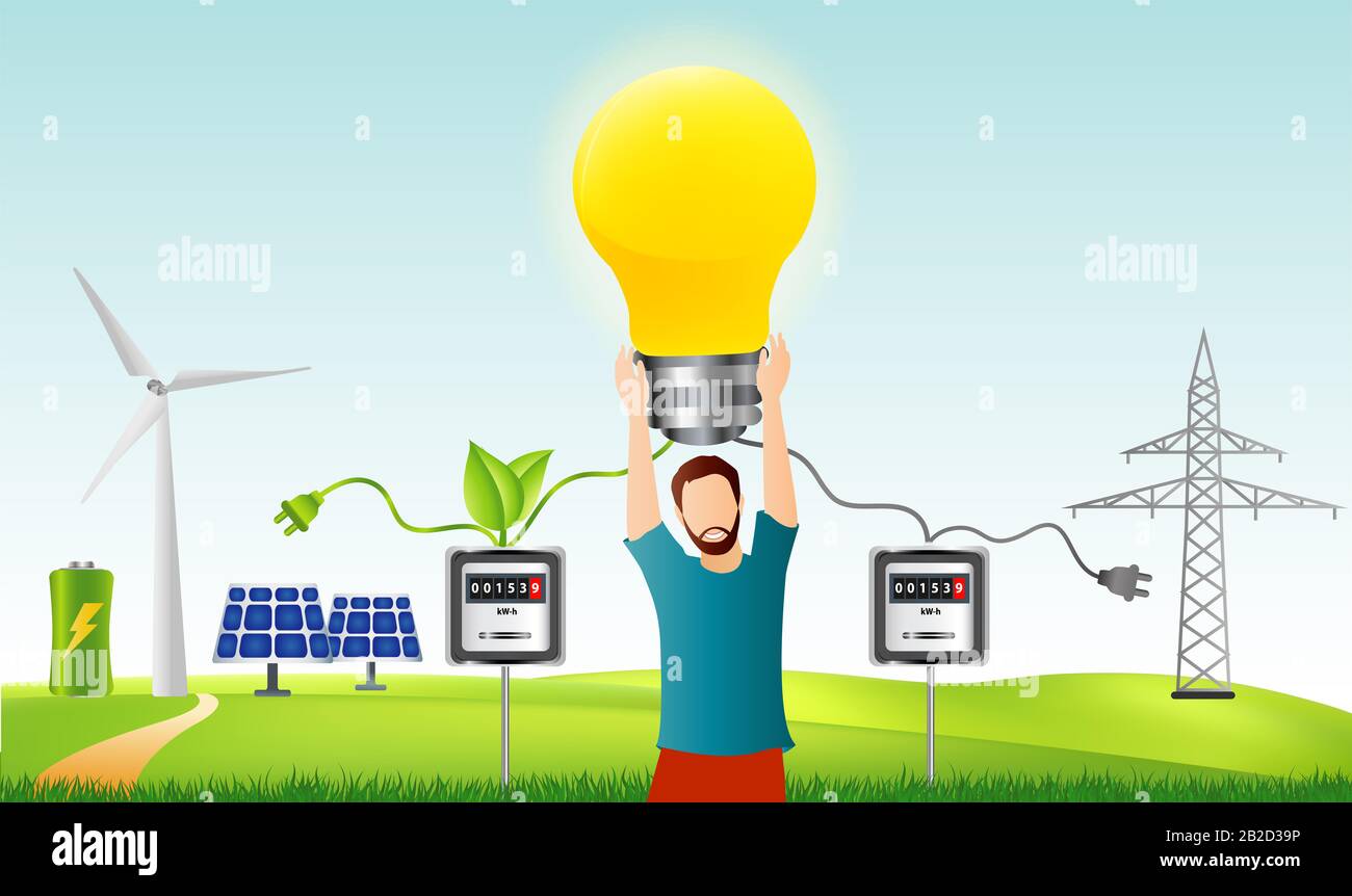 Prosumer.Renewable energy. Self-produced energy sharing.Ecological house.Photovoltaics.Man holding a light bulb in hand.Alternative energy production Stock Photo