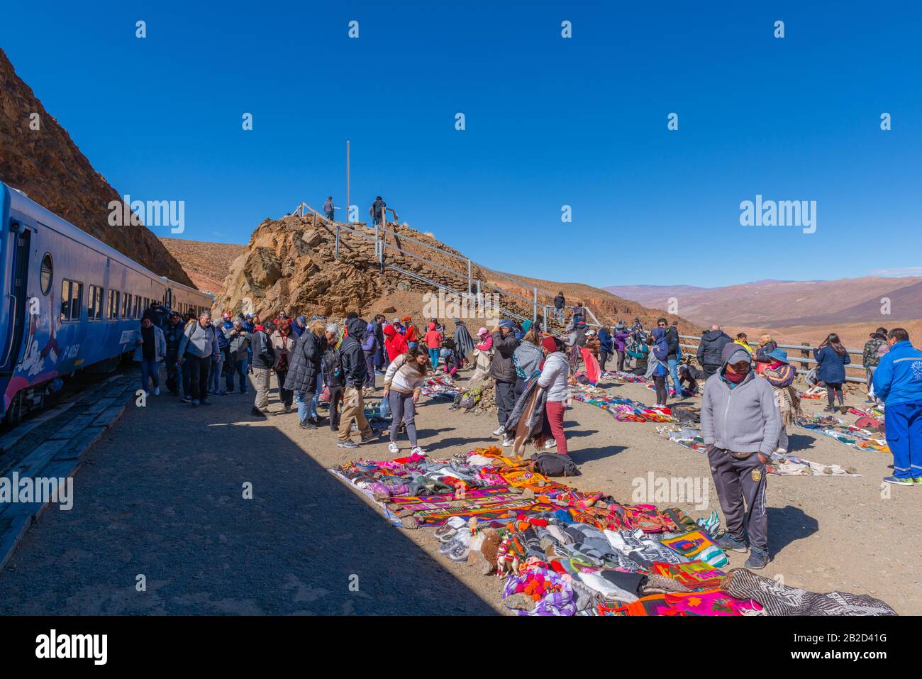 Market at the "Viaducto La Polvorilla", 4200m ALS, final station of the "Tren a las Nubes", Province of Salta, Andes, NW Argentina, Latin America Stock Photo