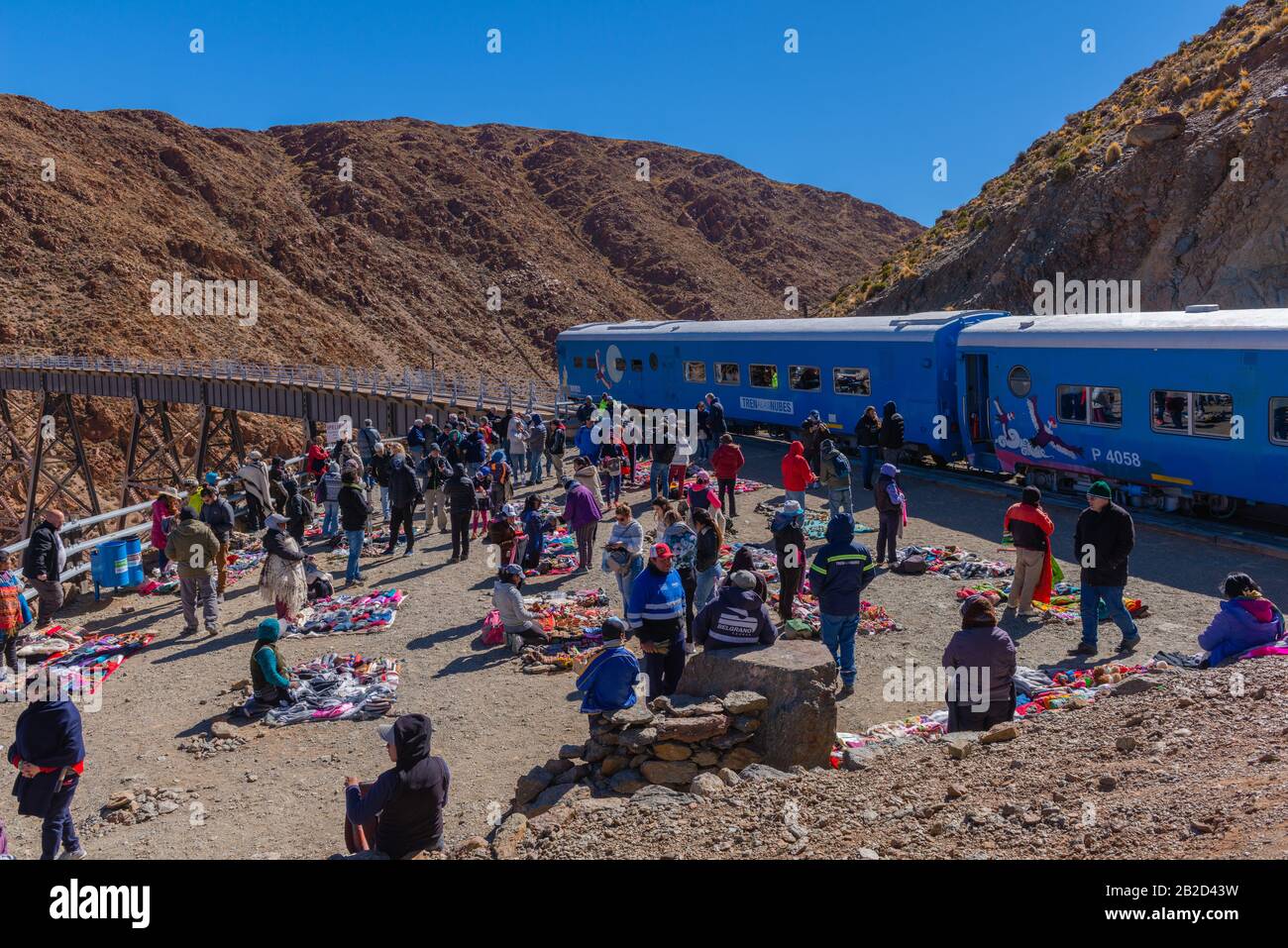 Market at the "Viaducto La Polvorilla", 4200m ALS, final station of the "Tren a las Nubes", Province of Salta, Andes, NW Argentina, Latin America Stock Photo