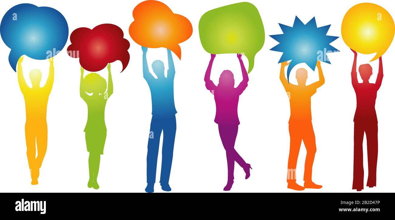Different people talk holding speech bubble. Talking and inform. Communicate between a group of multiethnic and multicultural people who talk.Friends Stock Vector
