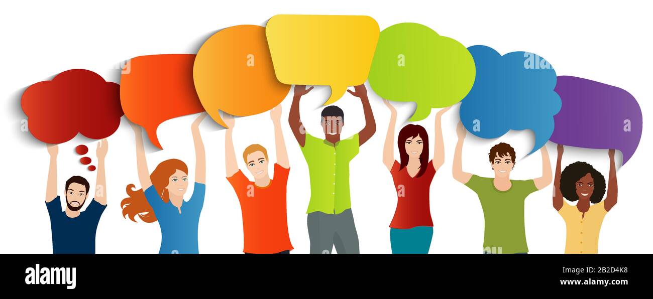 Communication dialogue group of diverse multiethnic people holding speech bubble.Social network.Communicating talking sharing ideas.Socializing.Speak Stock Vector