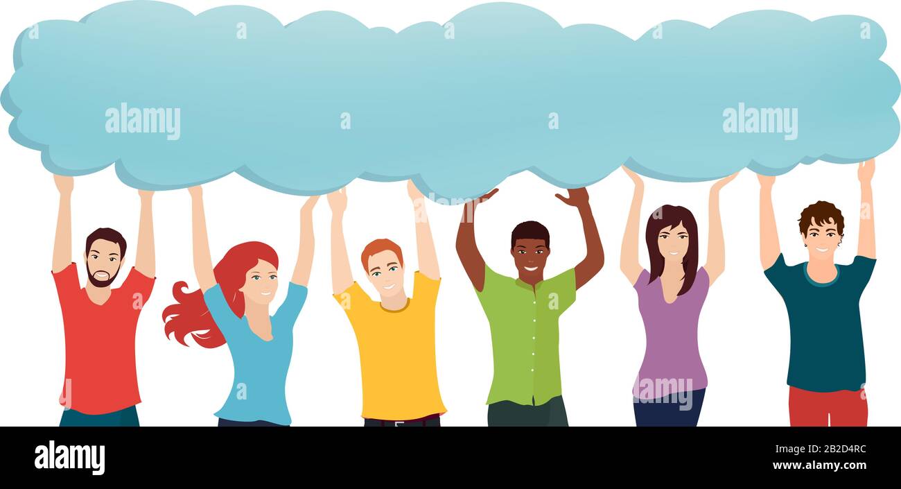 Communication connection group of diverse multiethnic people holding speech bubble.Communicating talking sharing ideas and thoughts.Social network. Stock Vector