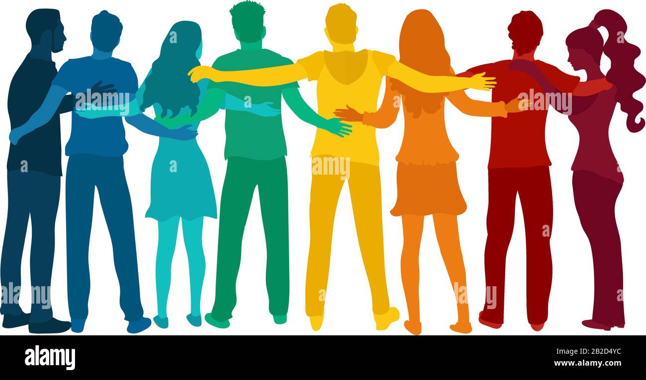 Group silhouette diverse people embracing.Back view.Cooperation and help between multi-ethnic people.Care and assistance.Concept of solidarity.Friends Stock Vector