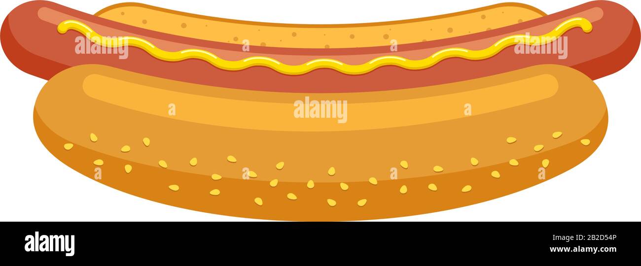 Cartoon fast food hotdog. Hot dog sausage in bread bun with mustard isolated flat vector illustration Stock Vector