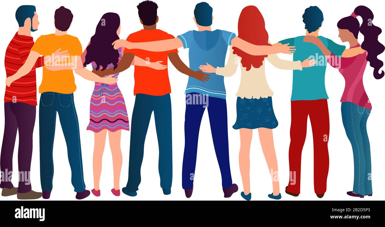 Group of people of different culture seen from behind embracing each other.Cooperation and help between people.Care and assistance.Solidarity.Friends Stock Vector