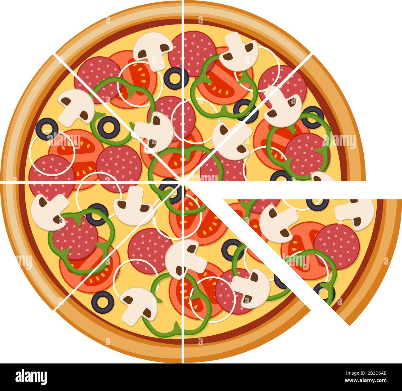 Pizza with sliced tomatoes mushrooms salami sausage onion bell pepper black olives and cheese. Italian fast food meal isolated vector eps illustration Stock Vector