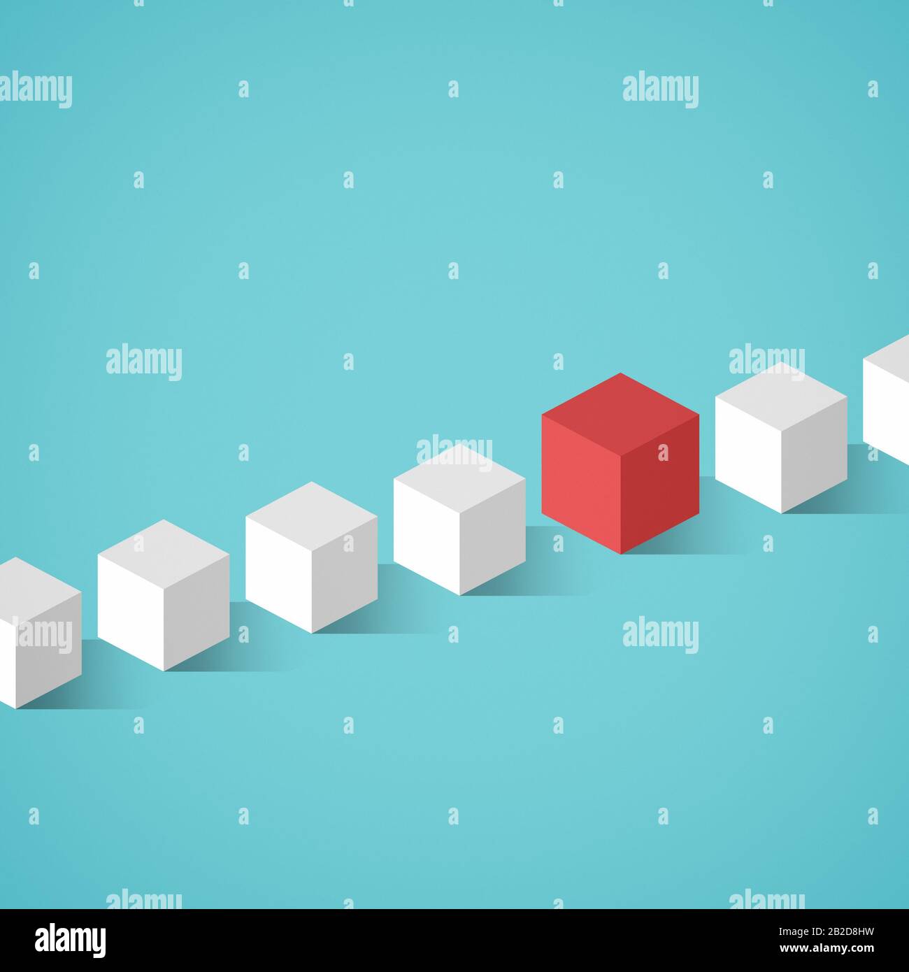 White isometric cubes in a row and one bigger red unique cube in the middle. Concept image of uniqueness,individuality and standing out from the crowd Stock Photo