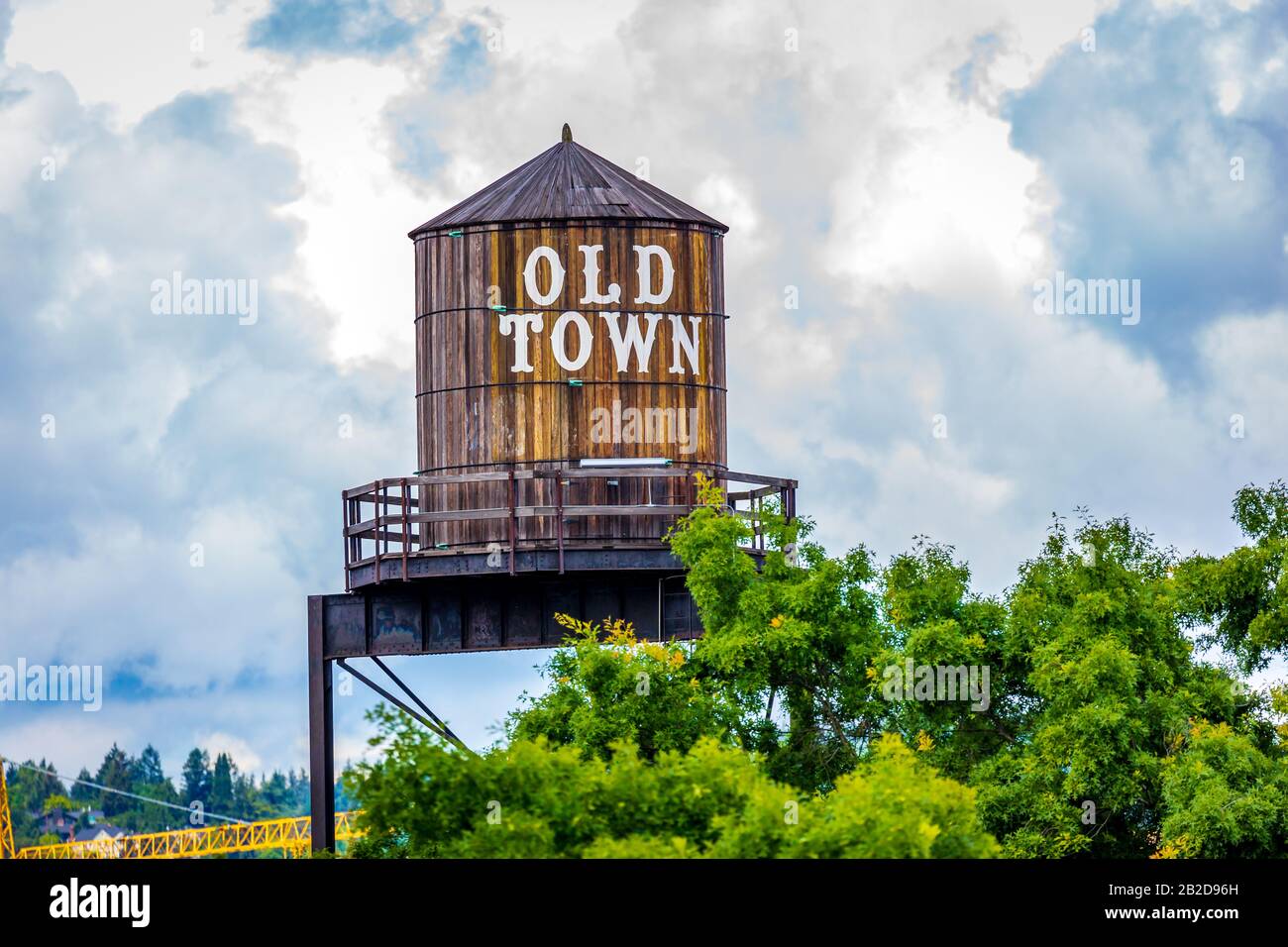 Iconic old town sign on water tank, in downtown Portland, Oregon Stock