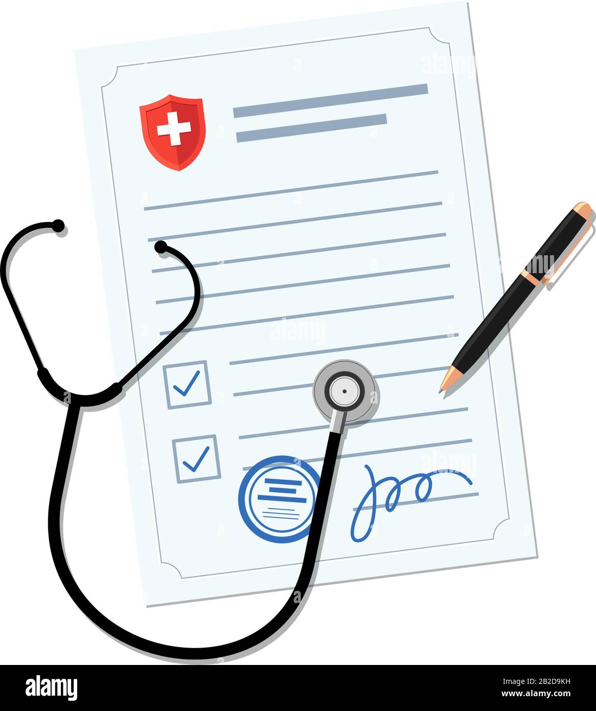 Medical blank document with stethoscope and pen. Doctor diagnosis prescription form or health insurance. Healthcare concept vector illustration Stock Vector