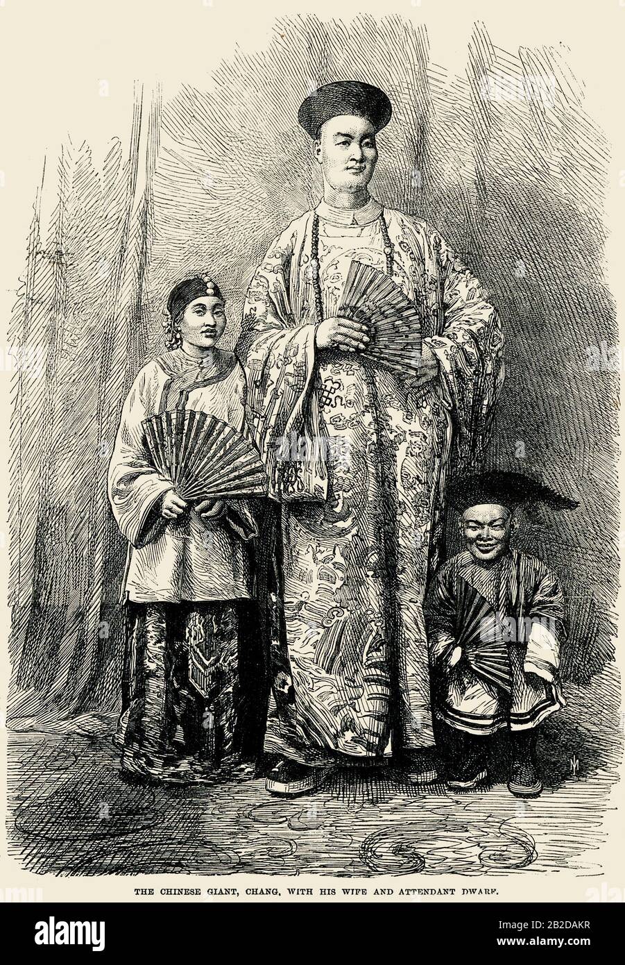 The Chinese giant, Chang, with his wife and attendant dwarf Stock Photo