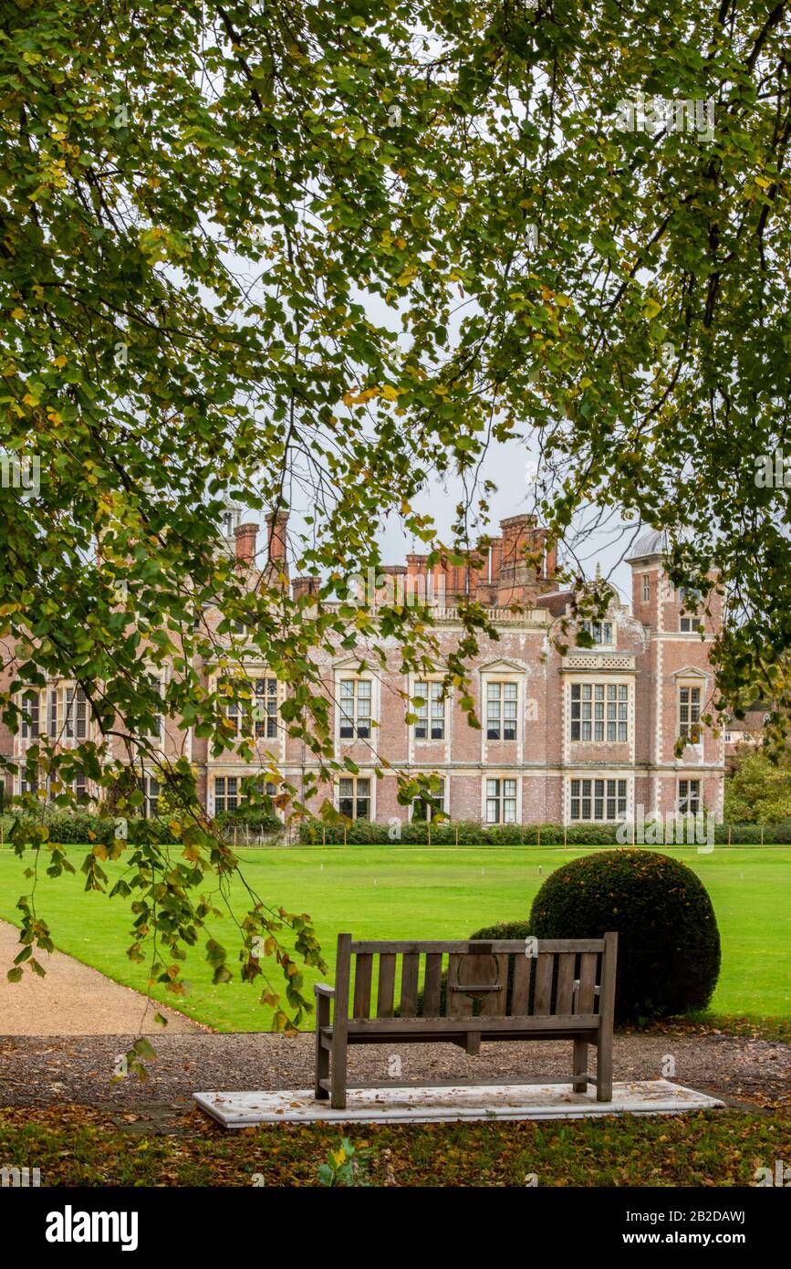 A bench under some large old trees at blickling hall in the north