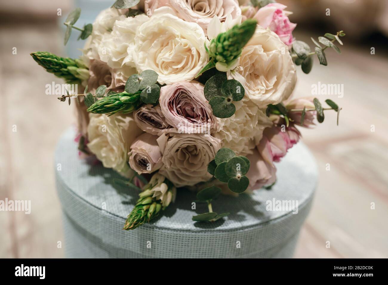 Beautiful bridal bouquet of powder roses. Fashion trend in the wedding ...