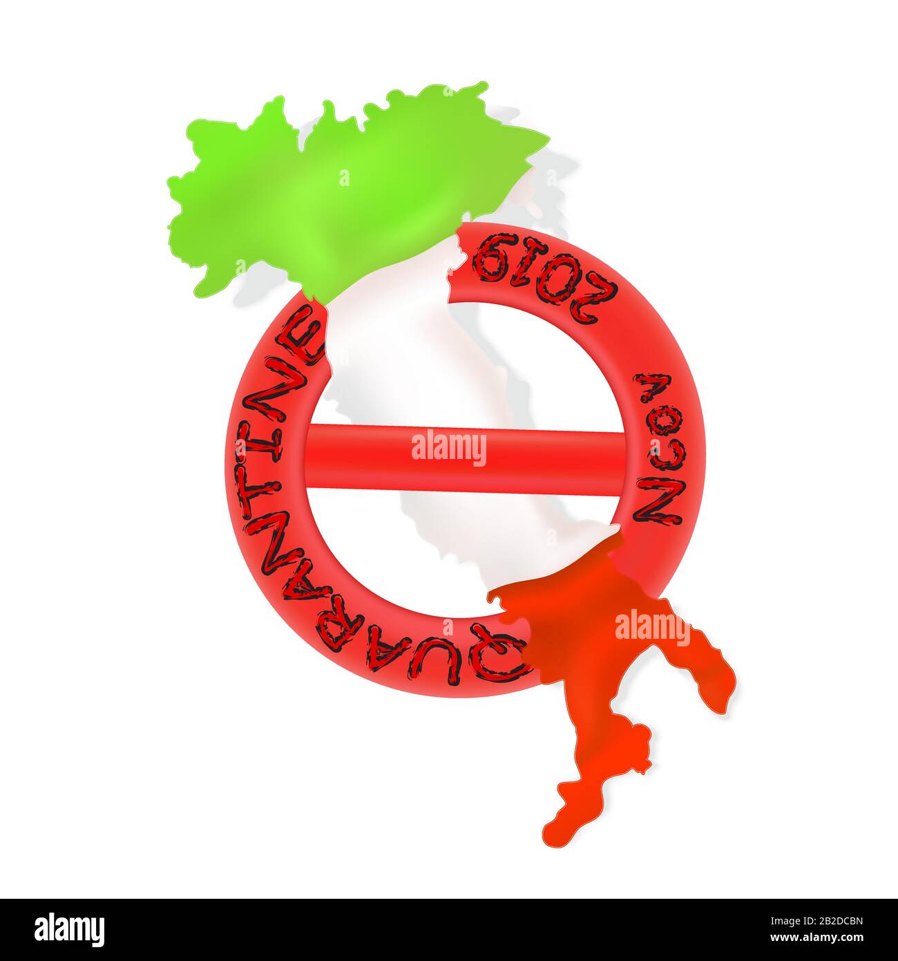 Vector illustration of a bright red stop sign with the inscription Quarantine Coronovirus with the outline of a map of Italy painted in the colors of Stock Vector