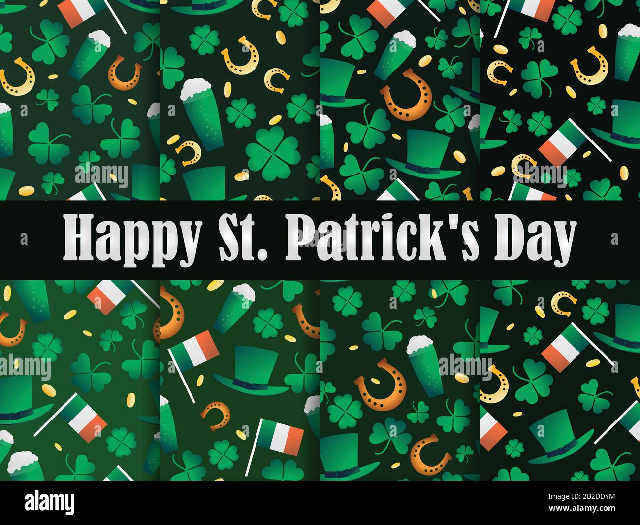 St. Patrick's Day set of seamless patterns. Clover leaves and gold coins. Leprechaun hat, a glass of beer and a horseshoe are a symbol of good luck. V Stock Vector