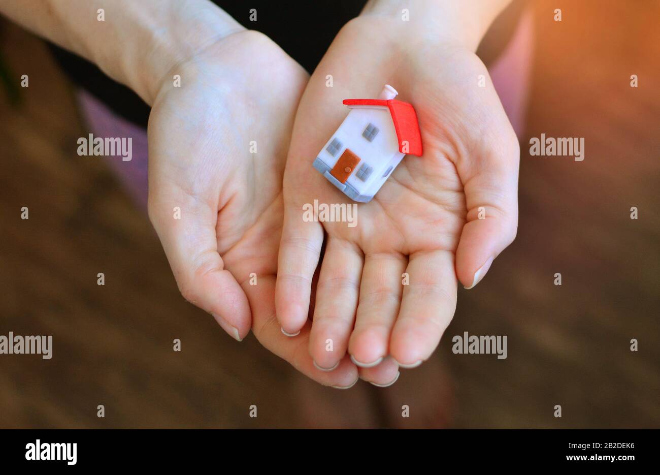 Miniature house in a hands. Concept of an acquisition of own housing. Stock Photo