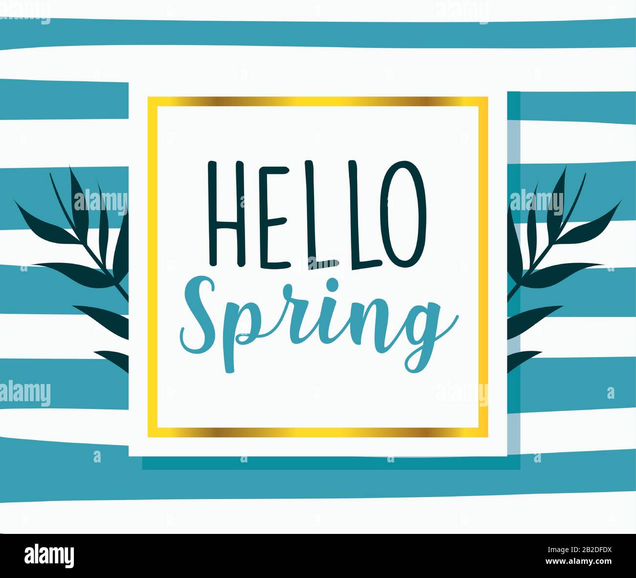 hello spring, branches foliage label striped background vector illustration Stock Vector