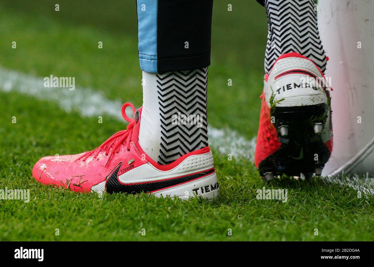 Birmingham, UK. 01st Mar, 2020. The nike Tiempo football boots of  Goalkeeper Ederson of Man City during the Carabao Cup Final match between  Aston Villa and Manchester City at Wembley Stadium, London,