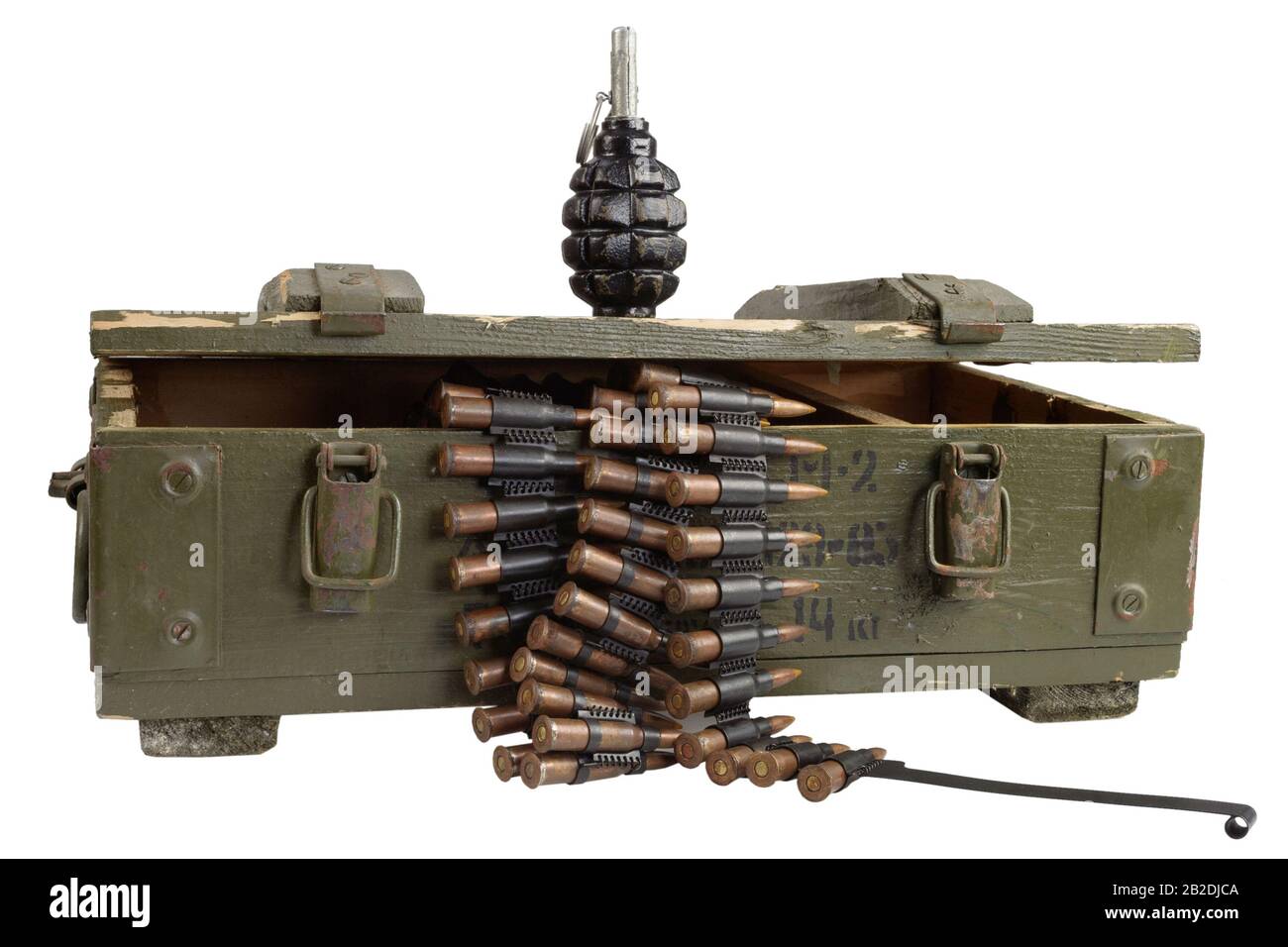 Soviet army ammunition box with ammunition belt isolated on white  background. Text in russian - type of ammunition (RGD 5 UZRGM - hand  grenade), lot n Stock Photo - Alamy