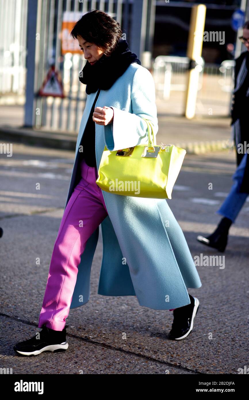 Street Style, London Fashion Week Fall Winter 2020, London  UK Feb Stock Photo