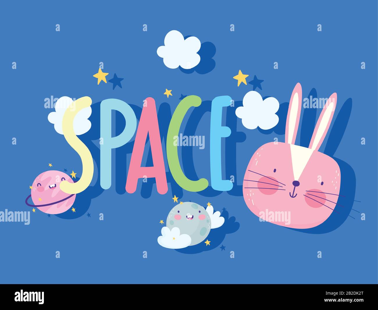 space rabbit face planets clouds stars cartoon cute vector illustration ...