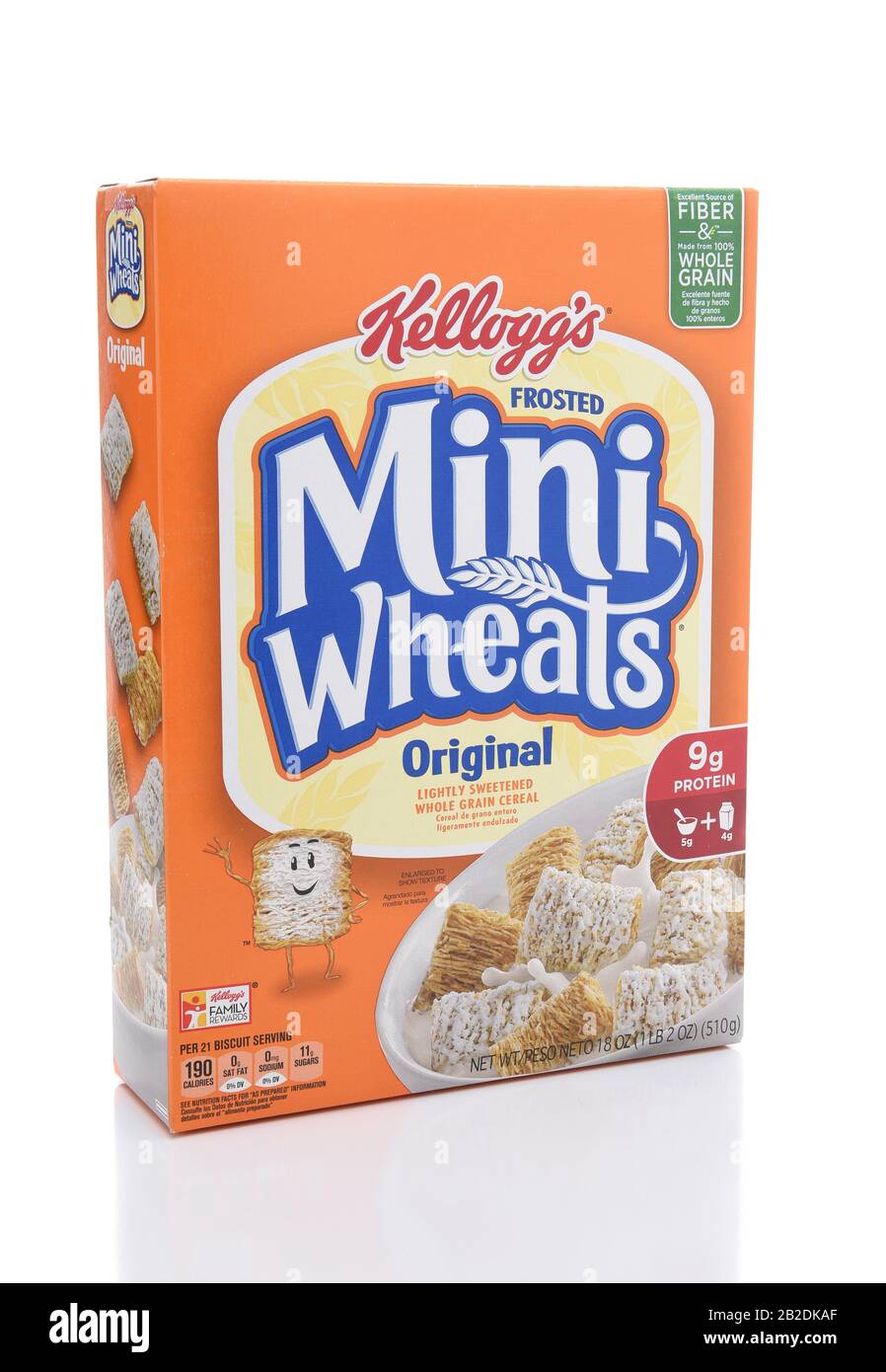 IRVINE, CALIFORNIA - JULY 10, 2017: Kelloggs Frosted Mini-Wheats. The shredded wheat cereal is coated with a sweet sugary frosting. Stock Photo