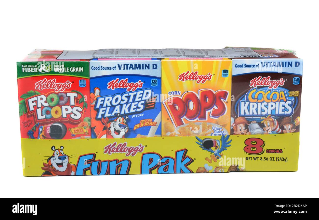 IRVINE, CALIFORNIA - MARCH 15, 2015: Kellogg's Fun Pak. A variety of Kellogg's single serving boxes. The Battle Creek, Michigan company is a leader in Stock Photo