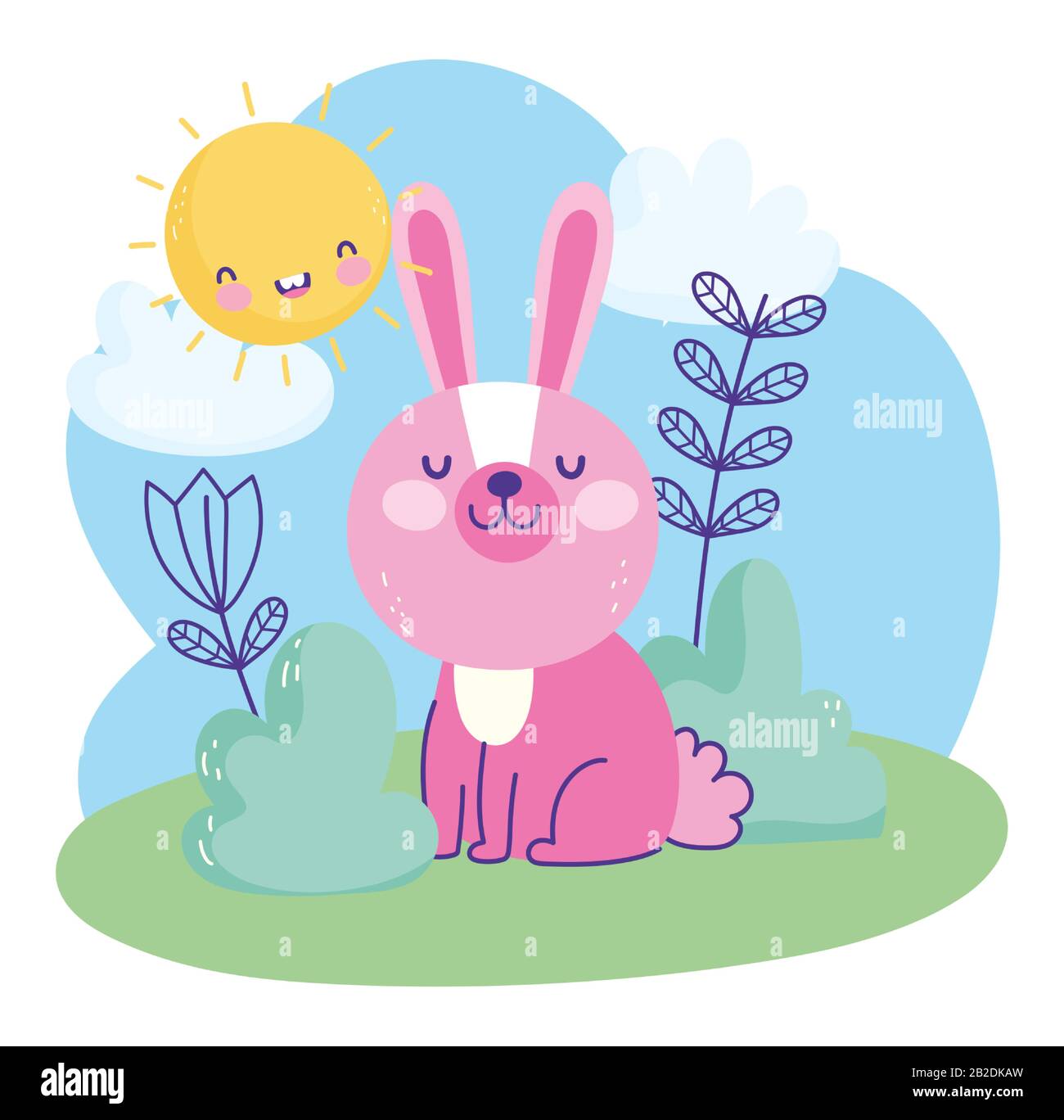pink little rabbit sitting grass sky nature cartoon cute vector ...