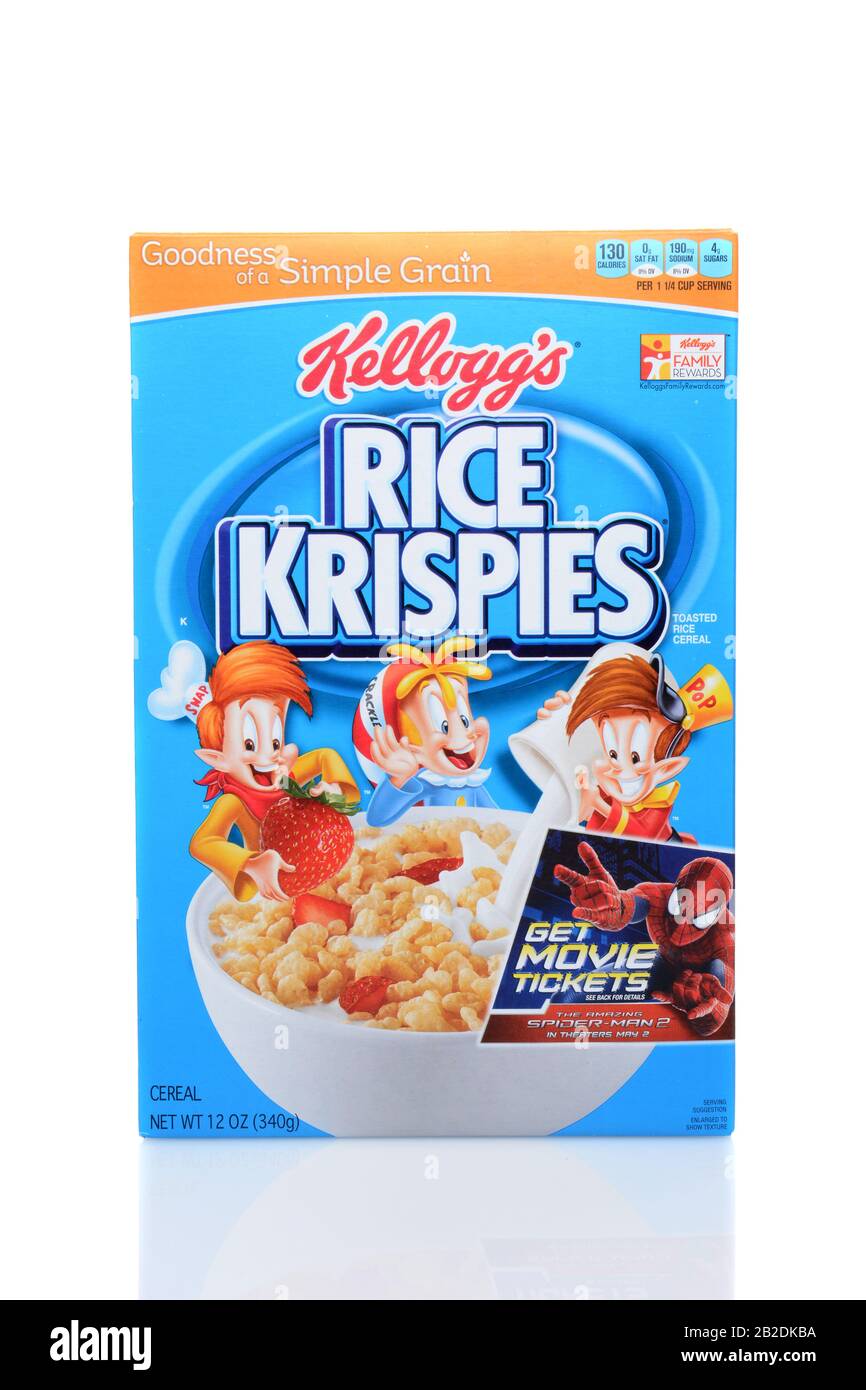 IRVINE, CA - JUNE 23, 2014: A box of Kellogg's Rice Krispies Cereal. Headquartered in Battle Creek, Michigan, Kellogg's produces cereals, cookies, cra Stock Photo