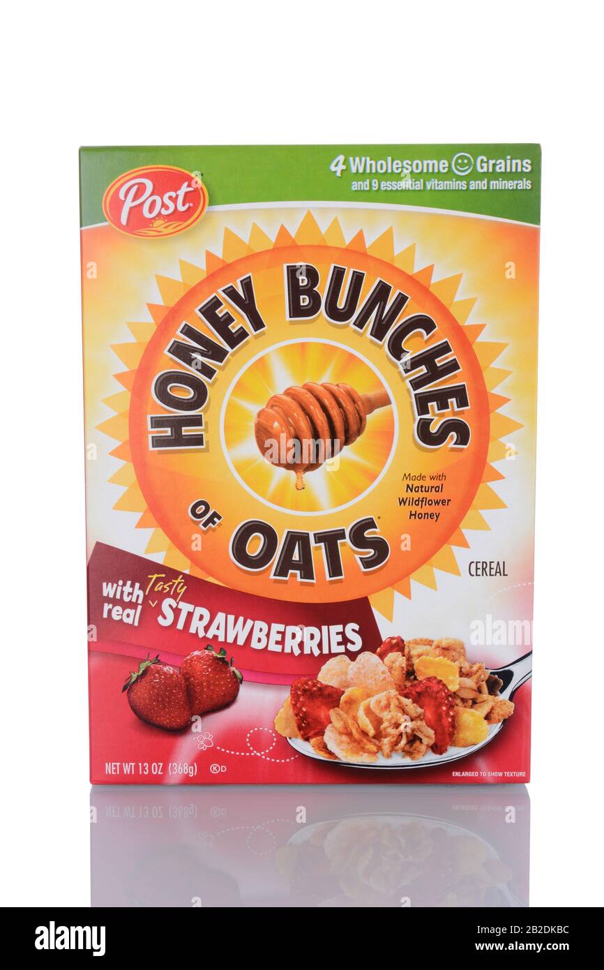 IRVINE, CA - January 29, 2014: A 13 oz box of Honey Bunches of Oats with Strawberries breakfast cereal. The cereal is made up of three kinds of flakes Stock Photo